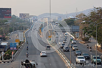 Landscape from a bird& x27;s eye view, Dechatiwong Bridge, traffic conditions, Nakhon Sawan Province, Thailand Editorial Stock Photo