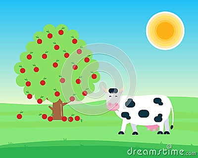 Landscape with black white spotted cow stand and chew with grass in its mouth near fruit tree with apples flat style vector illust Vector Illustration
