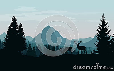 Landscape with blue mountains, forest and silhouettes of trees a Vector Illustration