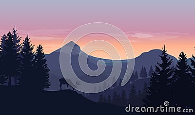 Landscape with blue silhouettes of mountains, hills and trees, w Vector Illustration