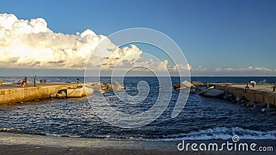 Mediterranean see water wave strike the embankment. Stock Photo