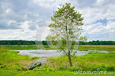 Landscape with boat on the flood waters of Narew river. Stock Photo