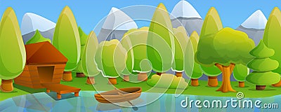 Landscape boat lake concept banner, cartoon style Vector Illustration