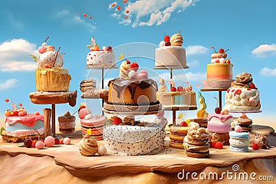 a landscape of cakes against a background of blue sky. delicious desserts. food art. Generative AI Stock Photo