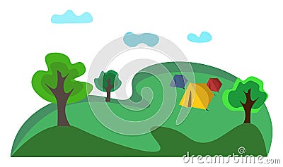 A landscape of a campsite with three tents vector or color illustration Vector Illustration