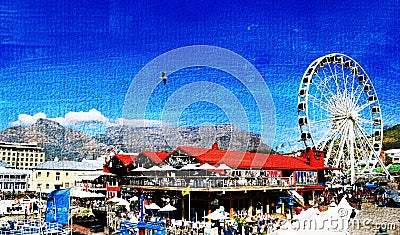 the Cape Wheel at the V&A Waterfront and Table Mountain in the background mixed media Stock Photo