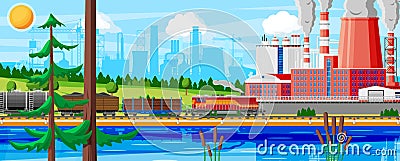 Landscape of Cargo Rail Transportation With Plant Vector Illustration