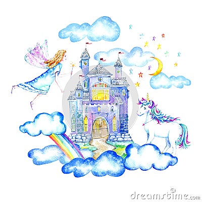 Landscape of castle,fairy,unicorn, moon, clouds and rainbow. Cartoon Illustration