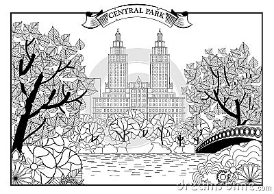 Landscape of Central Park in New York. USA. Black and white graphic. Vector illustration Vector Illustration