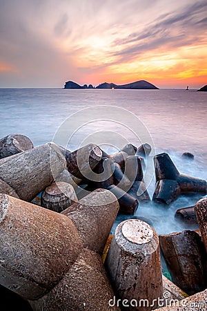 Landscape with Chagwido Island and strange volcanic rocks, view from Olle 12 corse in Jeju Island, Korea. Stock Photo