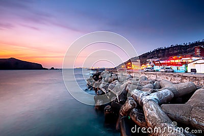 Landscape with Chagwido Island and strange volcanic rocks, view from Olle 12 corse in Jeju Island, Korea. Stock Photo