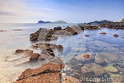 Landscape with Chagwido Island and strange volcanic rocks, view Stock Photo