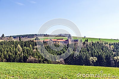 Landscape with church of divine word missionaries Stock Photo