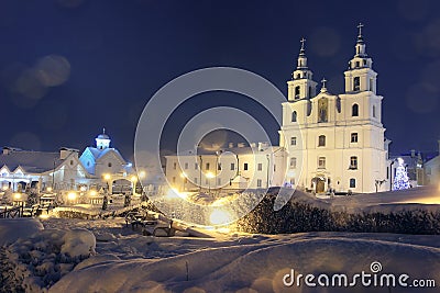 Landscape Church in Minsk on Christmas night Stock Photo