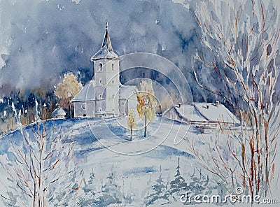 Landscape with church watercolors painted Stock Photo