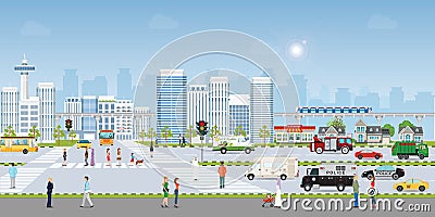 Landscape city with large modern buildings and public transport with pedestrians Vector Illustration