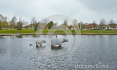 Landscape in city park with lake, Getaway for urbanistes. Stock Photo
