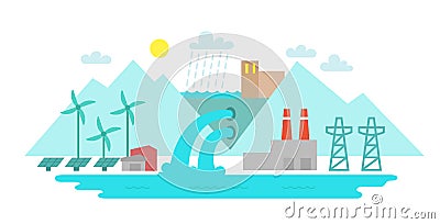 Landscape city. Terrain river and lake. Solar energy. Hydroelectric power station. Vector Illustration