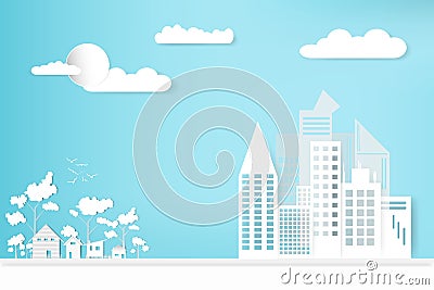 Landscape city town and house with sky cloud background. concept growth in the countryside. design paper art style. illustration v Cartoon Illustration