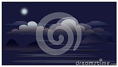 Landscape with clouds, Moon, ocean. Vector Illustration
