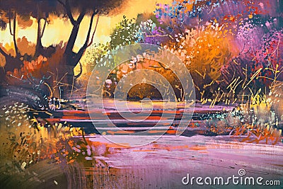 Landscape with colorful trees in forest Cartoon Illustration