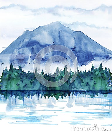 Landscape composition. Mountain, fir wood, lake. Hand drawn watercolor illustration Cartoon Illustration