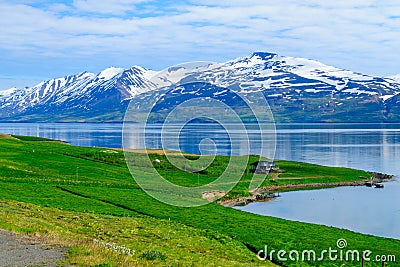 Landscape and countryside along the Eyjafjordur Stock Photo