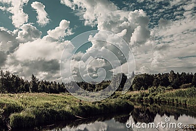 The landscape is covered with vegetation. forest quiet river Stock Photo