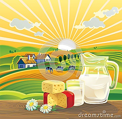 Landscape and dairy products. Vector Illustration