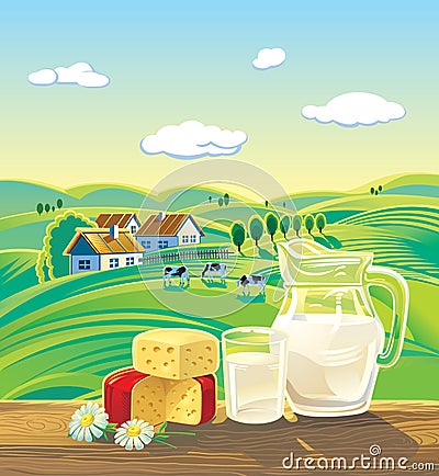 Landscape with dairy products. Vector Illustration