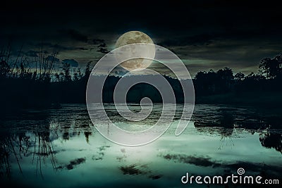 Landscape of dark night sky and beautiful bright full moon Stock Photo