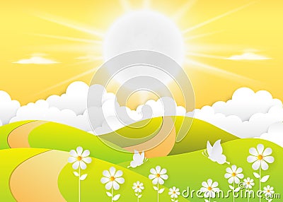 Landscape Daytime sky background with Summer, clouds and sun. sunlight morning Vector Illustration