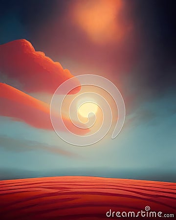 Landscape of deserted red planet surface that looks like Mars, generative ai. AI generated illustration of dusty and rocky scenery Cartoon Illustration