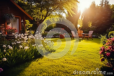 Landscape design of the backyard in a beautiful American home Stock Photo