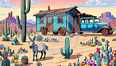 Landscape design cactus wanderer motor home travel trip Cartoon Illustration