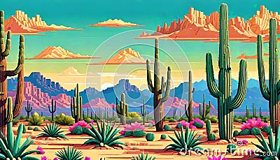 Landscape design desert summer sunshine vivid artistic view Cartoon Illustration