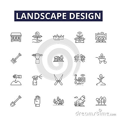 Landscape design line vector icons and signs. Landscape, Hardscape, Planting, Patio, Deck, Lighting, Pathway, Shrubbery Vector Illustration