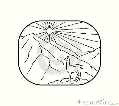 Landscape design of mountains and Ilama Peru in mono line art design Vector Illustration