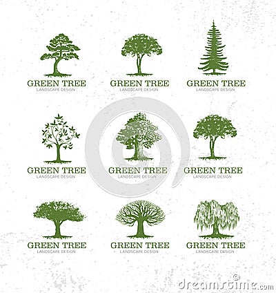Landscape Design Workshop Identity Tree Collection. Artisan Custom Stamp Vector Design Element On Rough Background. Vector Illustration