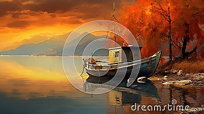 fishing boat close to the shore with autumn colors and orange sunset Stock Photo