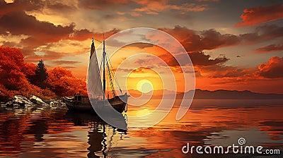 fishing boat close to the shore with autumn colors and orange sunset Stock Photo