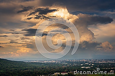 Landscape of dramatic clouds sky over the city at Chiang mai of Thailand., Stormy atmosphere weather situation dramatic at evening Stock Photo