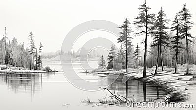 Serene Black And White Sketch Of Pine Trees By The Lake Stock Photo