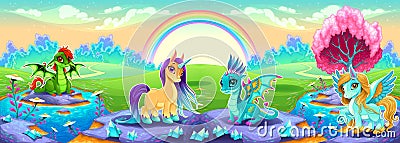 Landscape of dreams with rainbow and fantasy animals Vector Illustration