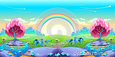 Landscape of dreams with rainbow Vector Illustration