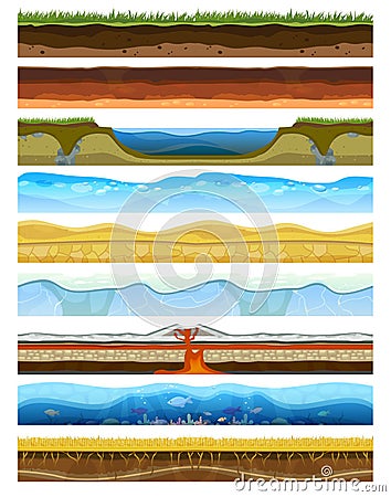 Landscape earthy slice soil section mountains with water geological land underground nature cross land ground vector Vector Illustration