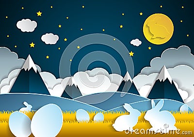 Landscape Easter with eggs and rabbit .paper art style. Vector Illustration