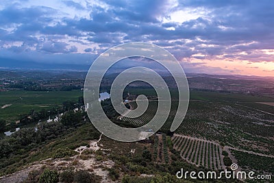 Landscape with Ebro river at sunrise, El Cortijo, La Rioja in Spain Stock Photo