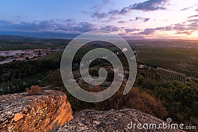 Landscape with Ebro river at sunrise, El Cortijo, La Rioja in Spain Stock Photo