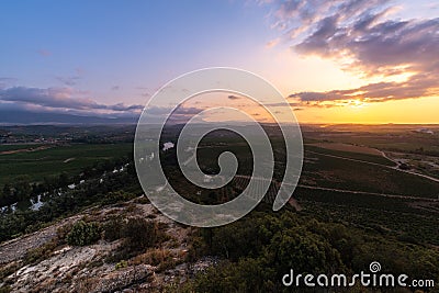 Landscape with Ebro river at sunrise, El Cortijo, La Rioja in Spain Stock Photo